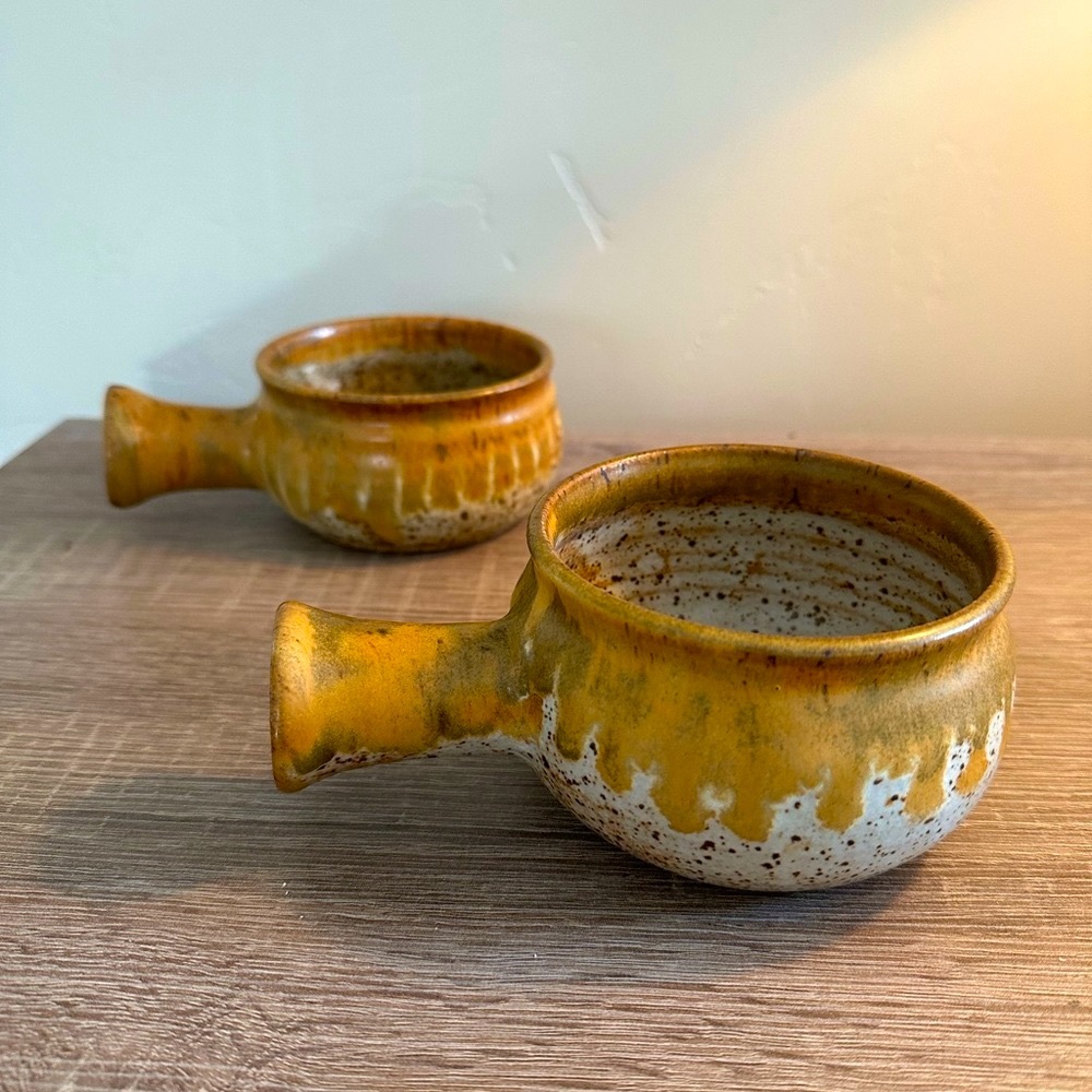 Set of Mid century Handmade stoneware pottery soup bowls